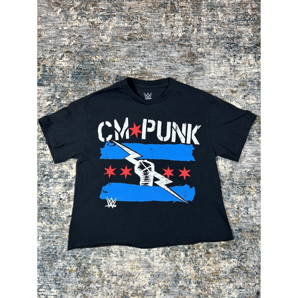WWE CM Punk Chicago Flag Distressed Crop Graphic Tee Black Mens S